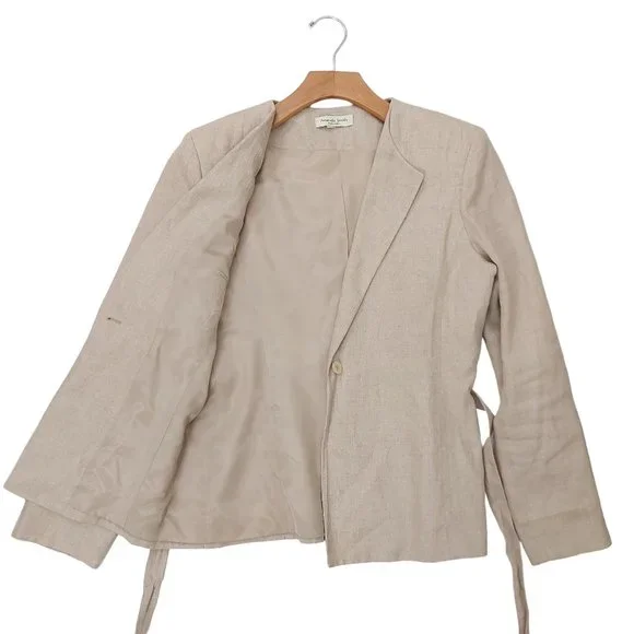 Amanda Smith Blazer Womens 8 Tan Pure Linen Belted Lined Single Button Casual - Picture 3 of 12